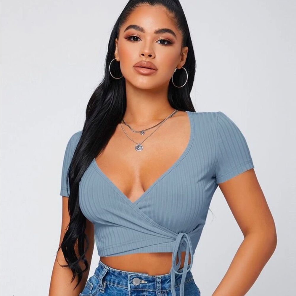SHEIN Dusty Blue Ribbed Wrap Crop Top